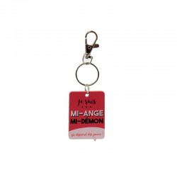Porte-clés en Bois Je Suis Mi-Ange Mi-Démon Rouge