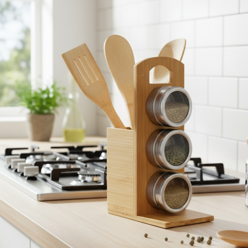 Porte Epices avec Couverts en Bambou